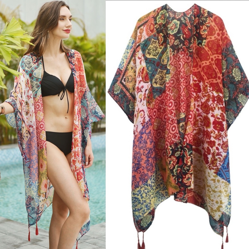Moss Rose Multicolored Bohemian Rhapsody Print Kimono